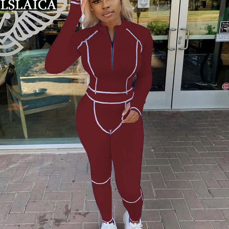 Two Piece Outfits for Women Long Sleeve Zipper Crop Top Pants Female 2 Peice Sets Casual Skinny Sportswear Conjuntos De Mujer 210520