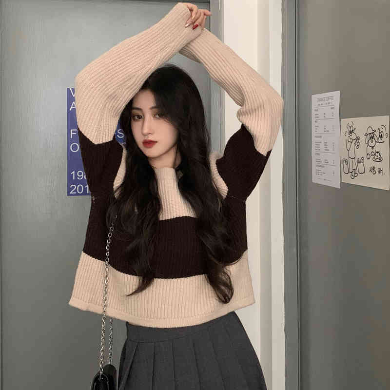 3 colors Autumn Winter Women Pullovers And Sweaters Jumper preppy style Striped Female Short knitted Sweater (C9839) 210423