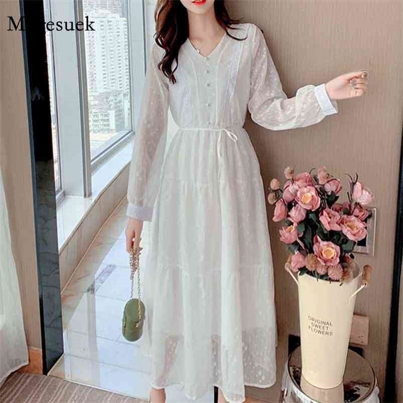 V-neck Hollow Lace Stitching Chic Button Chiffon Dress Dots Print French Gentle White High Waist Tie Long 12551 210518
V-neck Hollow Lace Stitching Chic Button Chiffon Dress Dots Print French Gentle White High Waist Tie Long 12551 210518