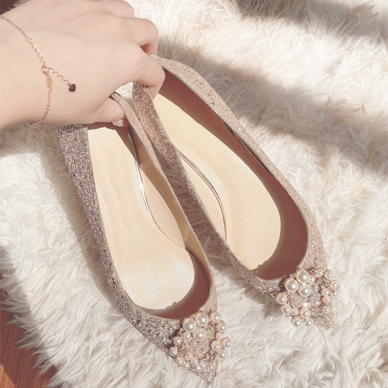 Pearl Circle Pointed Flat Women Shoes Circle Buckle Diamond Sexy Wedding Bridal Bradesmaid Prom for Lady Shoes