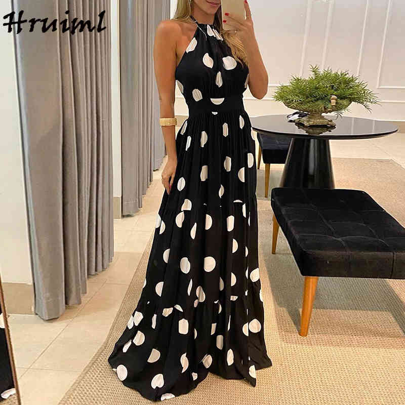 Women's Summer Sundresses Halter High Waist Leopard Plok Dot Print Long Dress Party A Line Casual Elastic 210513