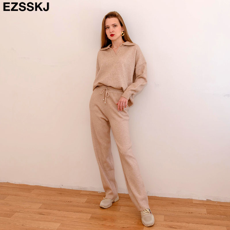 2 Pieces Set Women oversize Tracksuit polo collar Sweater Pullover straight pants CHIC Knitted Outwear sweater suit 220315