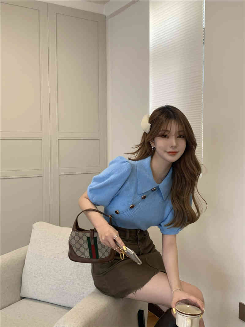 Spring Autumn korean style Button knit Puff short sleeve t-shirts womens tee shirt femme women Cropped tops (R99423) 210423