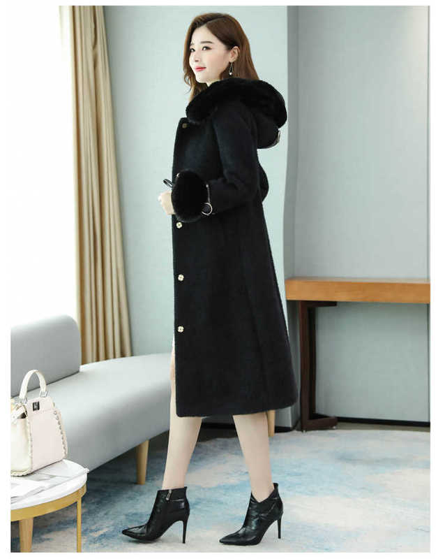 Office Ladies Winter Outerwear Long Faux Coat Women Maxi Overcoat Fur Collar Hoody Drawstring BUR122909 210928