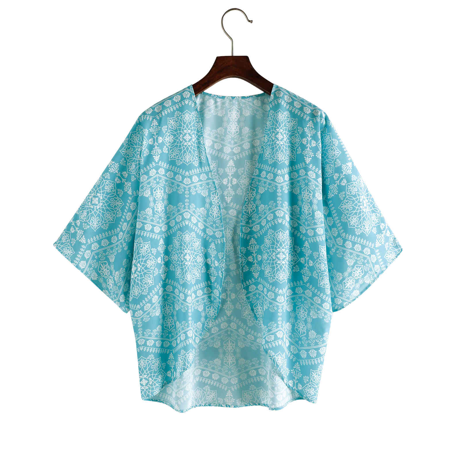 Blue Boho Print Chiffon Bathing Suit Cover-ups Plus Size Beach Wear Short Kimono Dress Women Summer Swimsuit Cover Up A824 210420