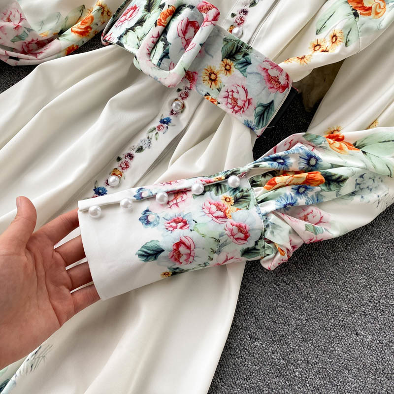 Fashion Print A-line Maxi Long Dress For Women Lapel Sleeve Loose Lace Up Slim Holiday Elegant Dresses Clothes Vestidos 210428