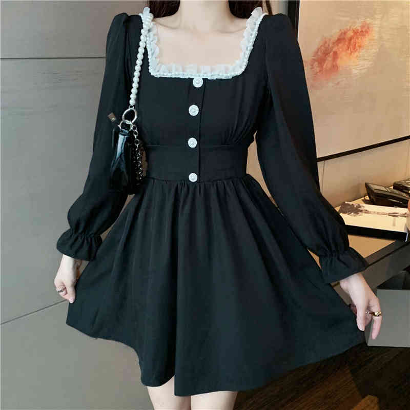 Japanese Autumn Women Mini Lolita Dress Square Collar With Lace Pink Plaid Beading Dress Flare Sleeve Cute Kawaii Feminine Dress 210409