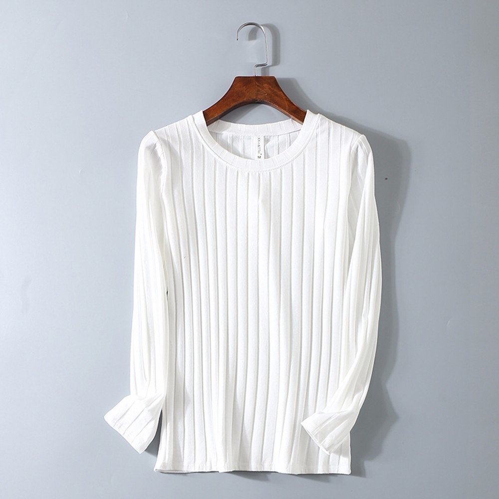 Women Autumn Long Sleeve Ribbed Striped Elastic Blouse Casual Solid Basic Tops Vintage Cotton Knitted Tee Shirt 210428
