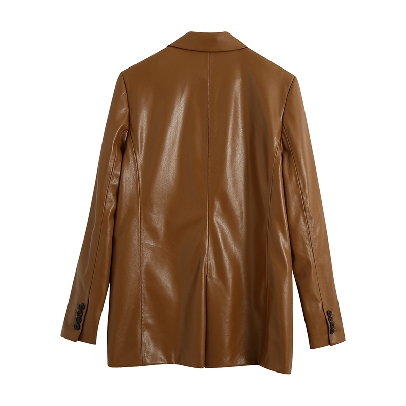 Office Lady PU Two Piece Set For Women Lapel Long Sleeve Blazer High Waist Wide Leg Pants Leather Sets Female Fashion Autumn 210531