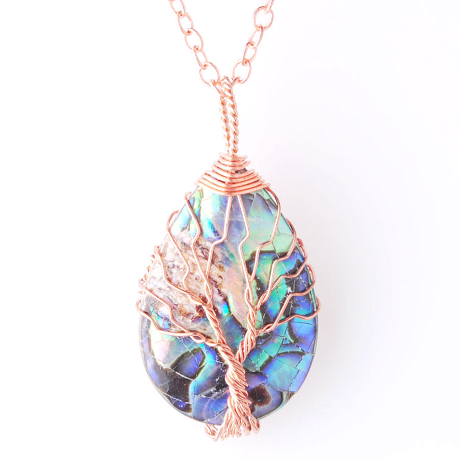 WOJIAER Tree of Life Metal Wire Wrap Water Drop Bead Necklace & Pendant Natural Abalone Shell Jewelry Chain 18 Inches BW920