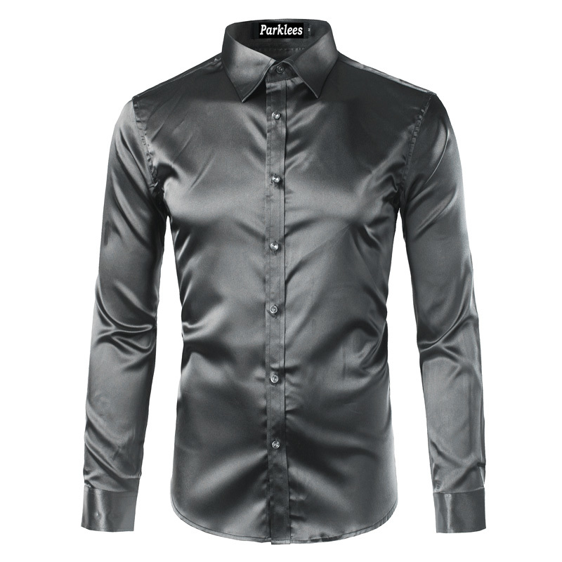 High Quality Silk Satin Shirt Men Chemise Homme Casual Long Sleeve Slim Fit Mens Dress Shirts Business Wedding Male Shirt 210410
