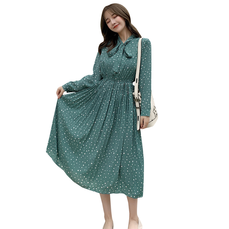 Korean Printed Chiffon Wave Dot High Waist Slim Long Sleeve Dress spring Maxi Casual Party Vestidos 7724 50 210427