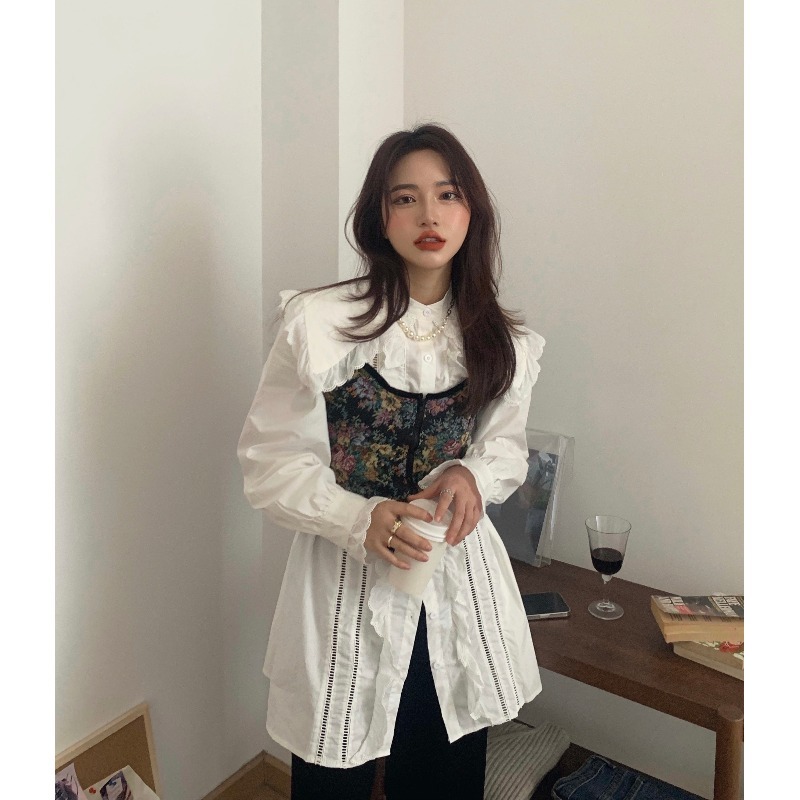Loose Fungus Puff Long Sleeve White Big Lapel Shirts Dress Women Mini Ruffles Sexy Floral Embroidery Camisole Jacquard Tops Sets 210429