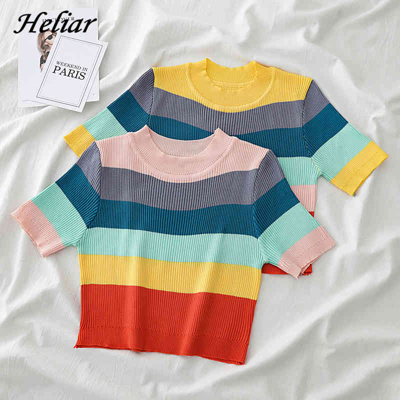 HELIAR Plain Tee Women Knitted Strips O-Neck T-shirts Women Summer Short Sleeve Casual Street Outwear Crop TEES For Women Tops 210406