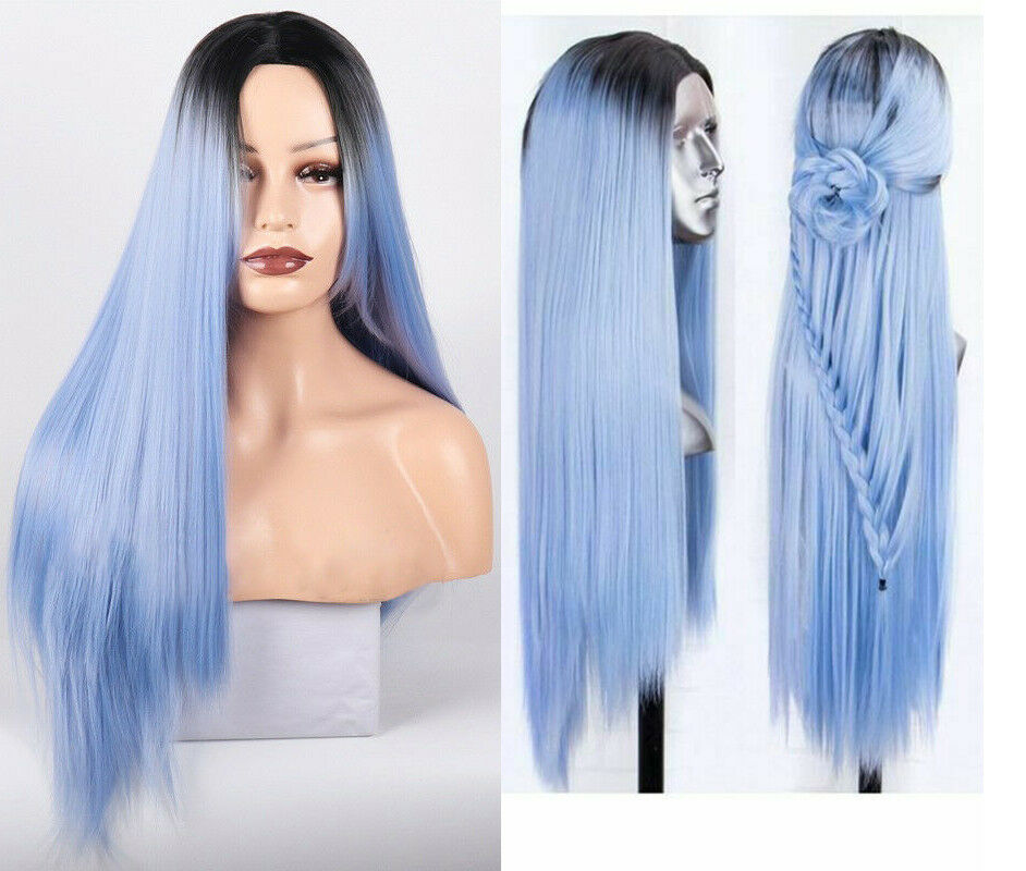 28'' Synthetic Hair Wig Long Straight Wigs Heat Safe Ombre Mint Blue Synthetic