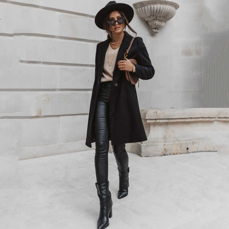 Autumn Winter Women Overcoat Casual Solid Lapel Slim Single Breasted Pocket Mid Length Coats Woman Trench Coat Plus Size Femmino 210526