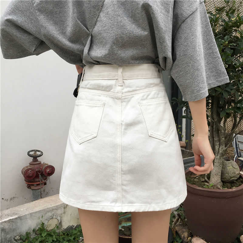 Women's Denim Mini Skirt Fashion Summer High Waist Korean Black Casual Solid Streetwear Pocket A-line Jeans 210526
