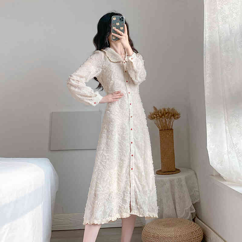 Spring French Vintage Sweet Dress Women Doll Collar Single Breasted Button high waist vestido feminino 12914 210506