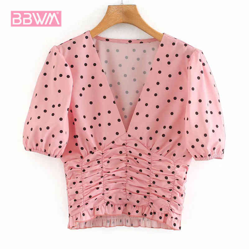 Retro V-neck Slimming Pleated Pink Dot Short Sleeve Chic Female Shirt Harajuku Sweet Navel Casual Holiday Party Women's Tops 210507