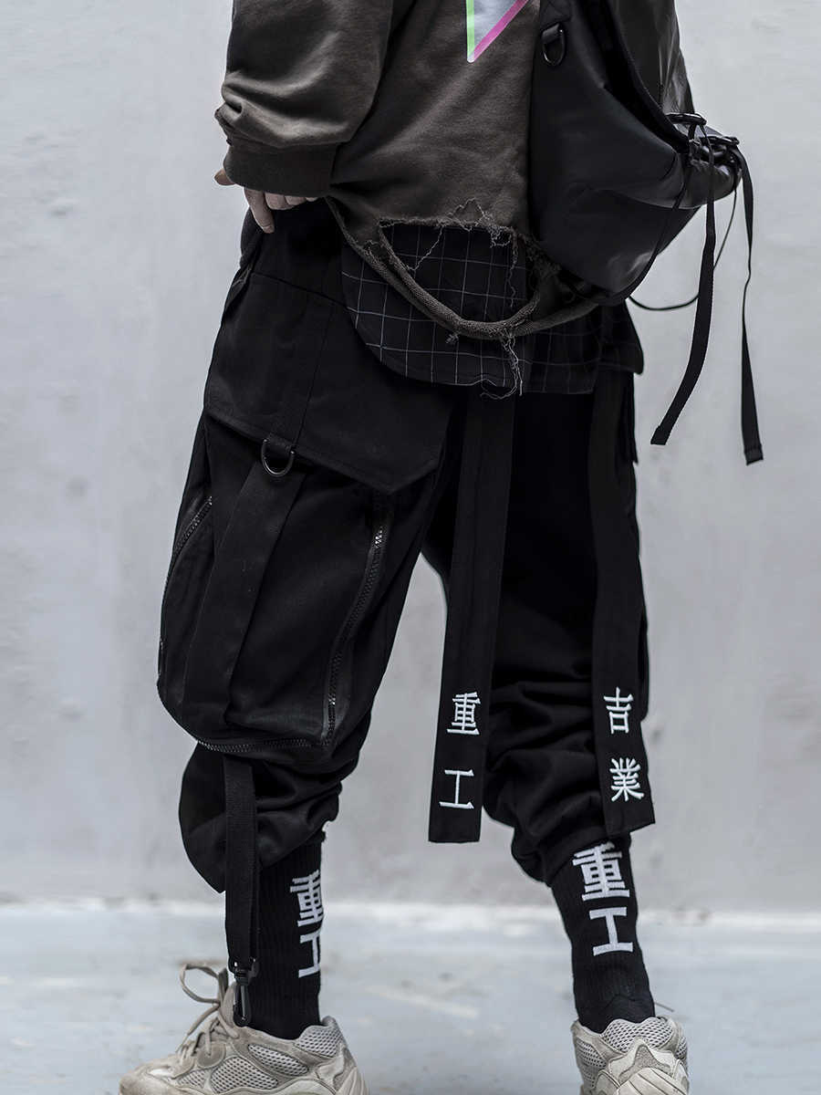 Japanese Streetwear Techwear Cargo Pants For Men Baggy Wide Leg Black Jogger 211006