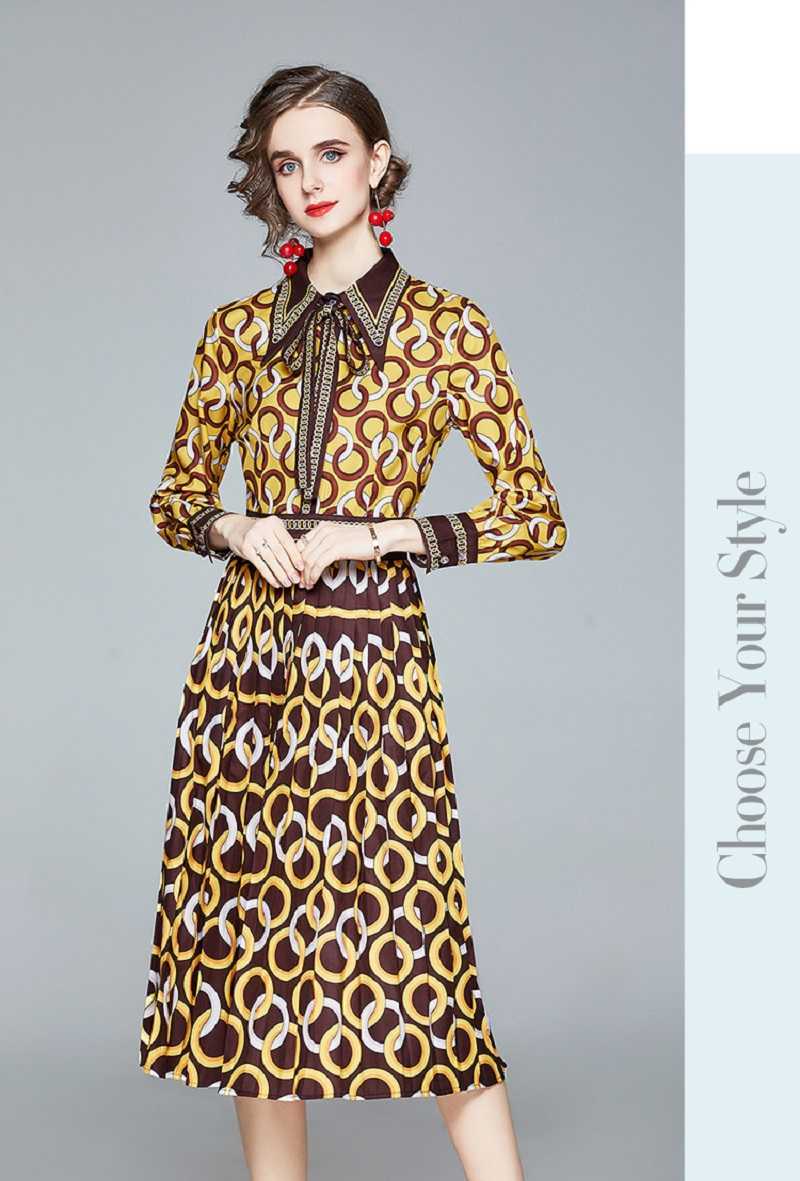 Fashion Elegant Yellow Women Shirt Dress Autumn Slim Female Vintage Long Sleeve Turn-Down Collar Print Party Dresses Vestidos 210525