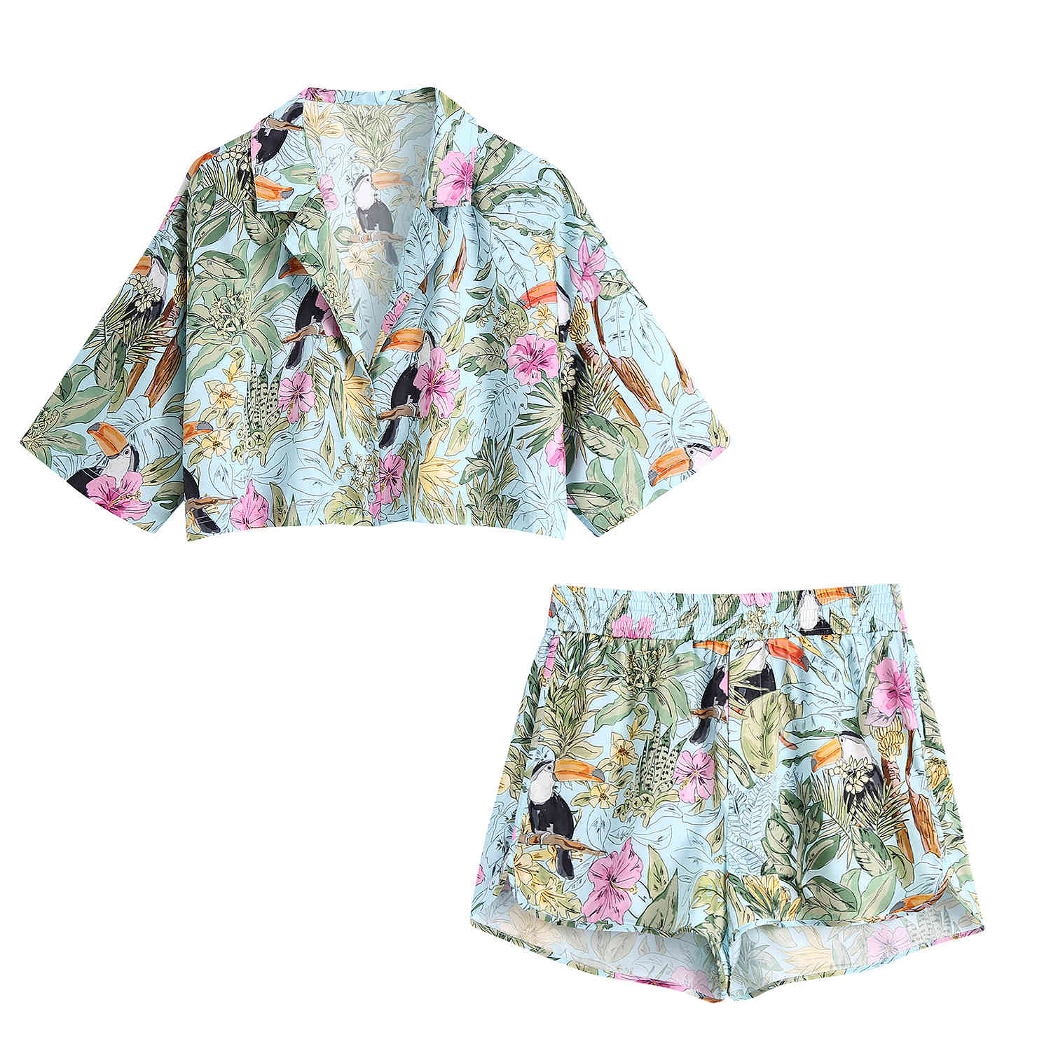 European and American fast fashion lapel short flower bird print shirt high waist shorts suit summer 210525
European and American fast fashion lapel short flower bird print shirt high waist shorts suit summer 210525