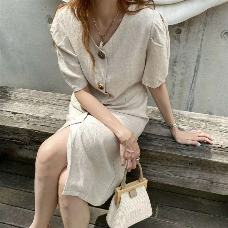 Korean Chic Retro Slim Fashion OL Women Brief High Waist V-neck Office Lady Cotton Linen Long Dresses 210421