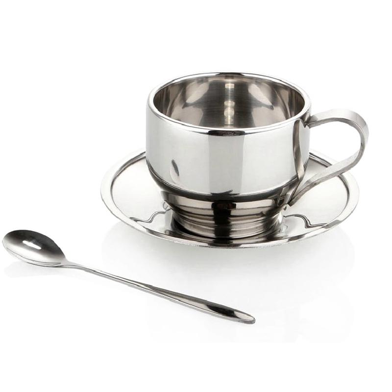 Mugs Stainless Steel Coffee Cups Set / Tea Set, With Saucer, Double-deck