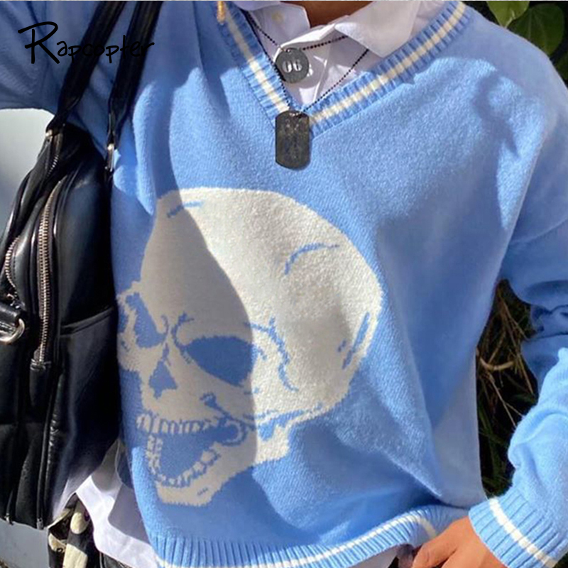 Rapcopter Y2K Sweaters Skulls Pullovers V Neck Knitwear Loose Casual Knitted Tops Women Streetwear Retro Tops Blue 2021 Autumn, Blue vest
Rapcopter Y2K Sweaters Skulls Pullovers V Neck Knitwear Loose Casual Knitted Tops Women Streetwear Retro Tops Blue 2021 Autumn, Blue vest