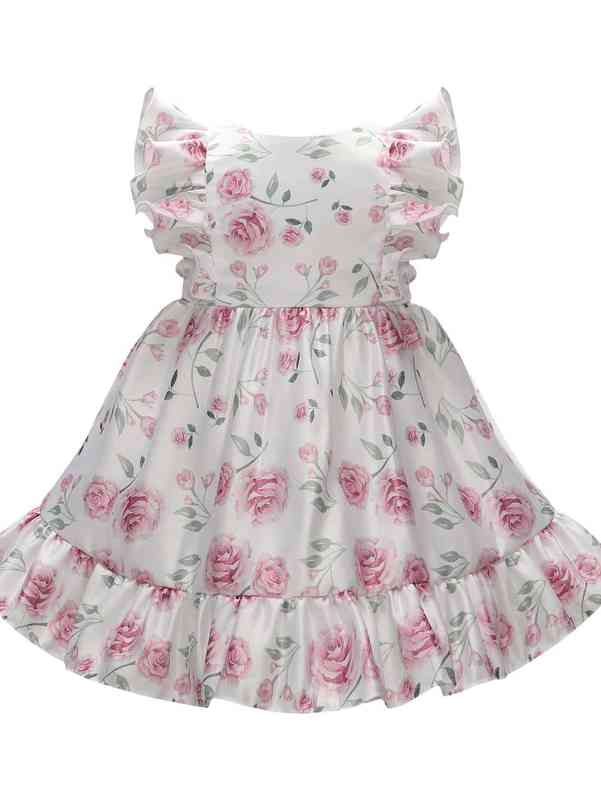 Baby Floral Print Butterfly Sleeve Ruffle Hem Satin Gown Dress SHE