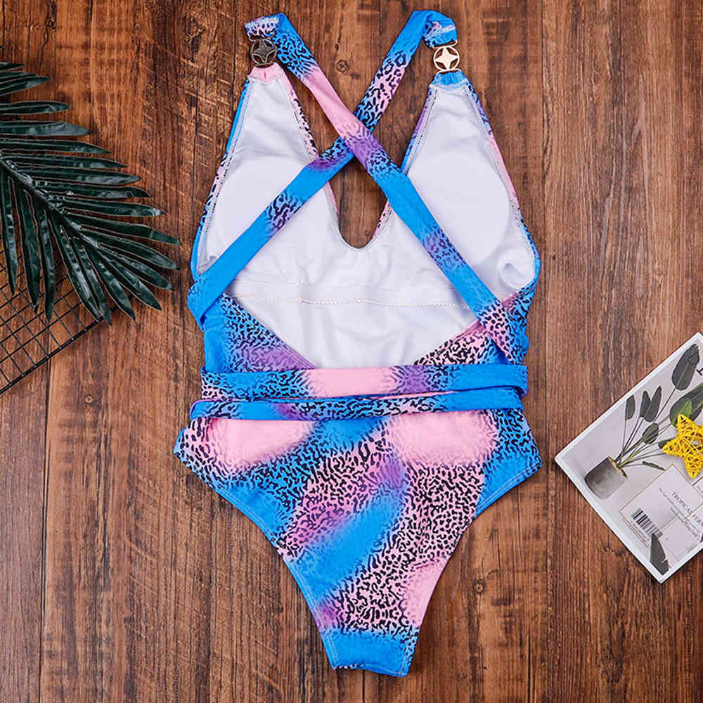 Leopard Print Swimsuit Female Sexy Cross Backless Swimwear Women Diamond Bathing Suits Summer Beach Wear Monokini 210521