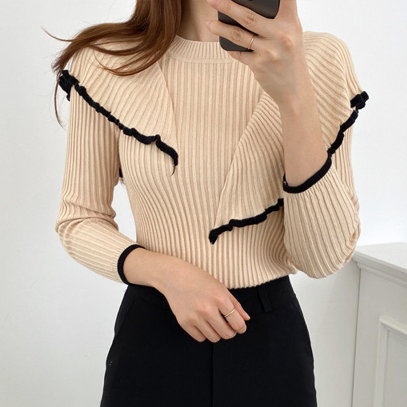 Nomikuma Korean Chic O-neck Pullover Knitwear Sweet Hit Color Ruffle Patchwork Knitted Tops Autumn New Pull Jumpers 6C394 210427