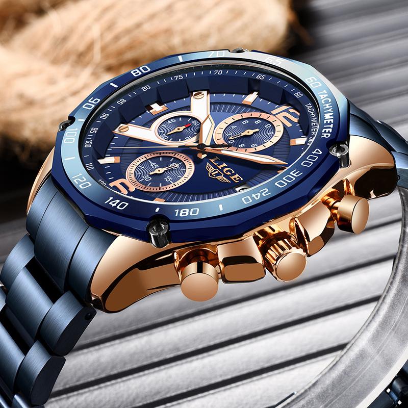 

Wristwatches LIGE Luxury Watch Men Stainless Steel Automatic Date Quartz Wrist Male Clock Reloj Hombre Relogio Masculino, S rose gold blue