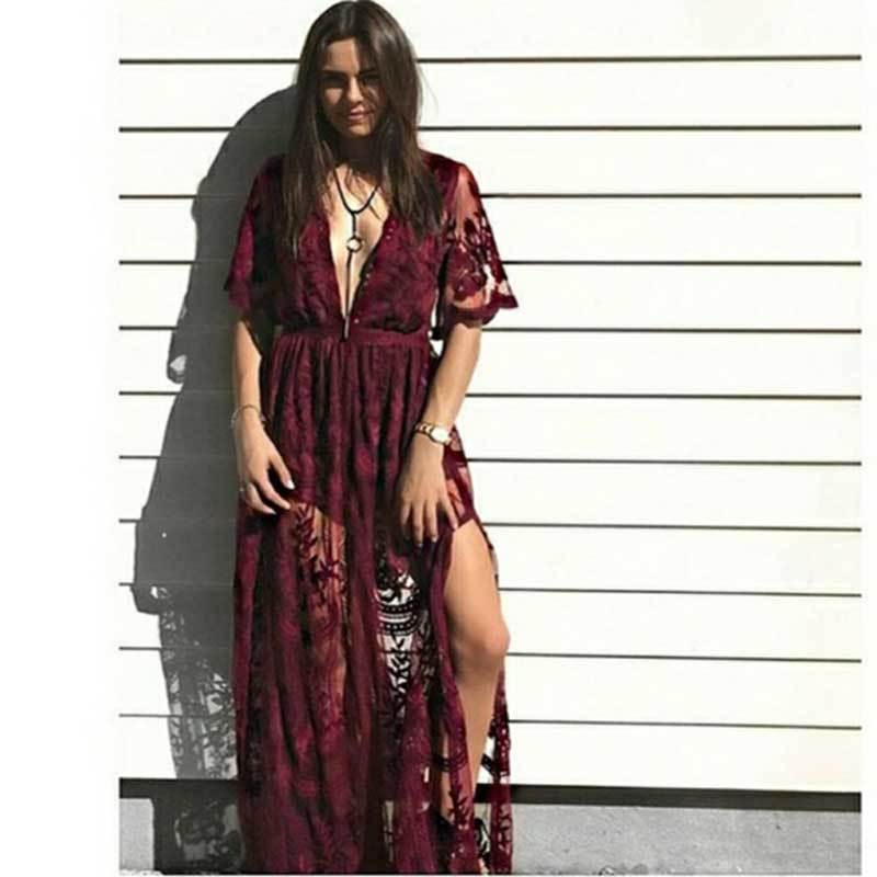 Boho Inspired gypsy embroidery LACE MAXI DRESS Plunge Neck slit side tunic summer dress new sexy beach dress clothes female 210331Z