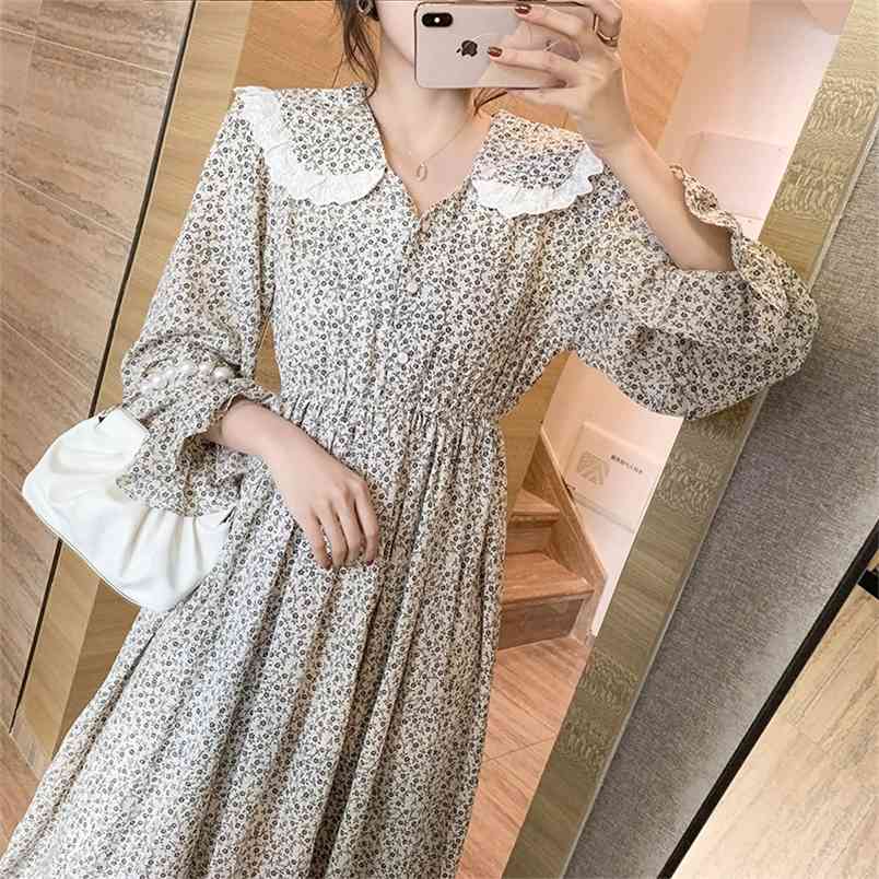 Spring Chiffon Dress Female Peter Pan Collar Long-sleeved A-line Printing Fashion High Waist Casual Midi Dresses 210519, Photo color 
Spring Chiffon Dress Female Peter Pan Collar Long-sleeved A-line Printing Fashion High Waist Casual Midi Dresses 210519, Photo color
