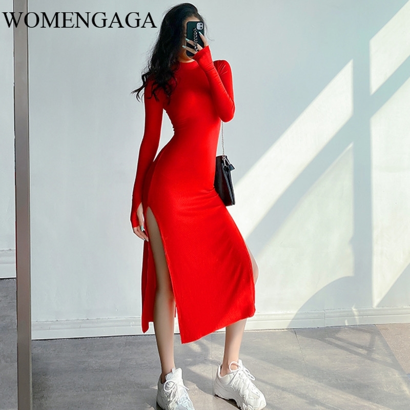 WOMENGAGA Elasticity Skinny Slim Sexy Split Dress Full Sleeve Hip-wrapped Mid-Calf Solid Color Sheath Long Dressees V7OR 210603