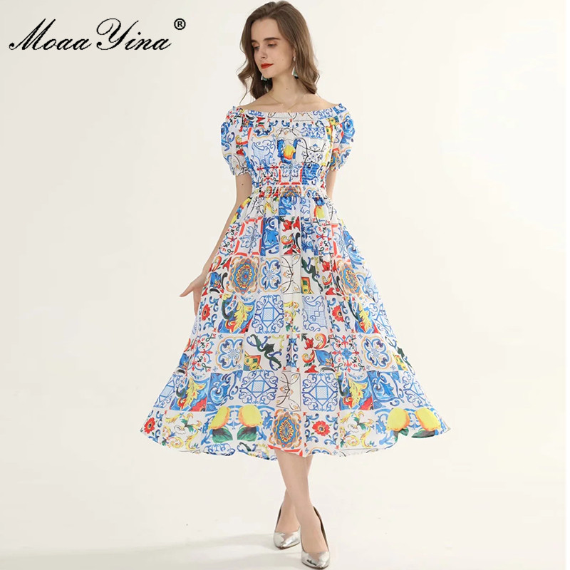 Fashion ner dress Summer Women's Dress Puff Sleeve Classic Blue and white porcelain Print Vacation Dresses 210524