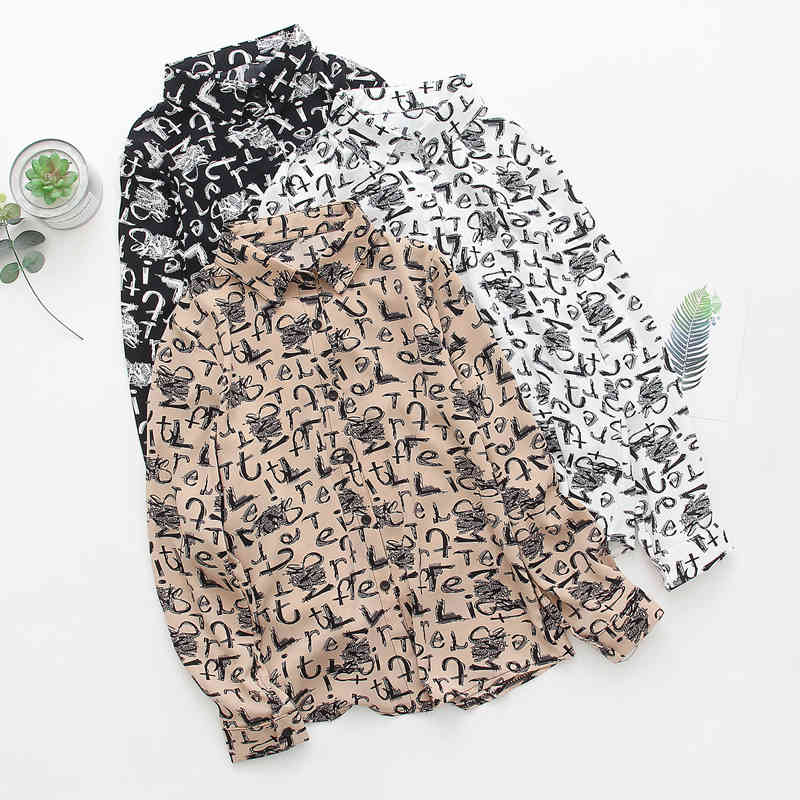 Spring Letter Printed Chiffon Blouse Women's Top Plus Size Streetwear Long Sleeve Cardigan Women Shirts Blusas 8264 50 210508