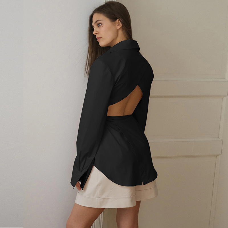 Women Blouse Long Sleeve Lace Up Shirts Backless Hollow Out Ladies Tops Sexy Shirt White Black 210524