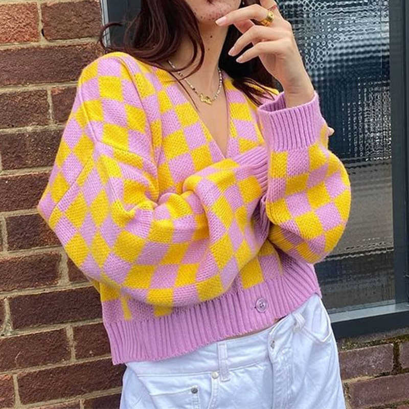 Women's Sweater Cardigan Knitted V-neck Argyle Long Sleeve Single Breasted Short Sweaters Female Autumn Winter Sweet Cardigans 211018