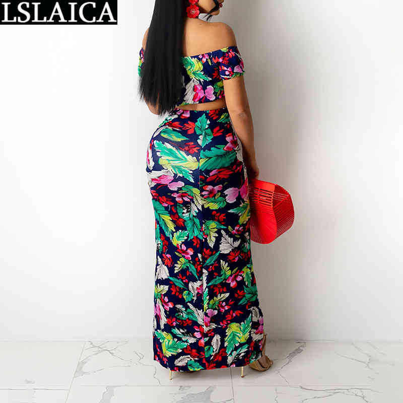 Suit with Skirts for Women Crop Top Drawstring Long Skrits Flroal Print Sexy Female Summer Evening Party Club Two Piece Set 210515