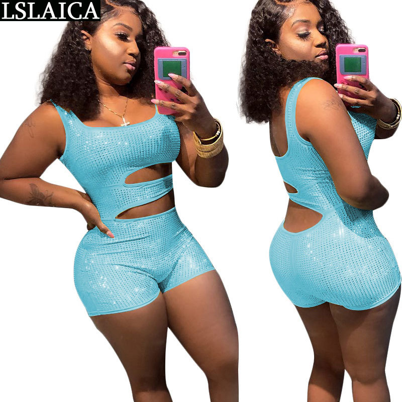 Casual women bodysuit sleeveless hollow out Tank solid color jumpsuits for Rhinestone sexy elegant bodycon jumpsuit female 210520