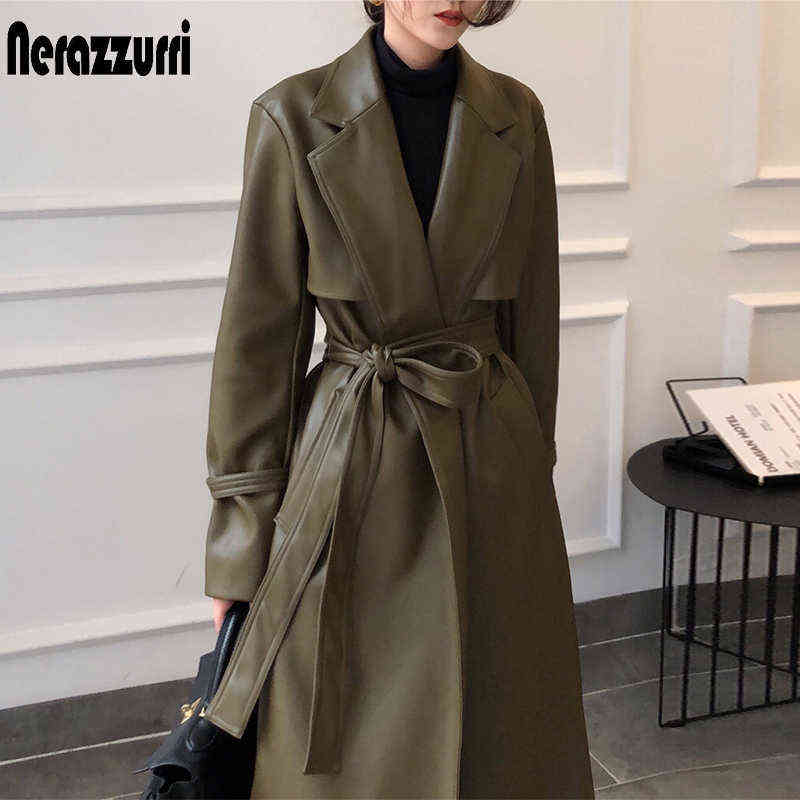 Nerazzurri Autumn long oversized leather trench coat for women long sleeve sashes Loose faux leather coats women fashion 211130