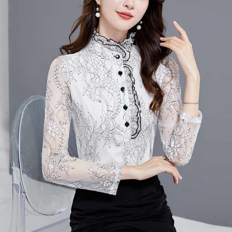 Autumn Fashion Long Sleeve Stand-Collar Lace Woman's Blouses All-match White Slim Shirt See Through Ol Style 10766 210518
