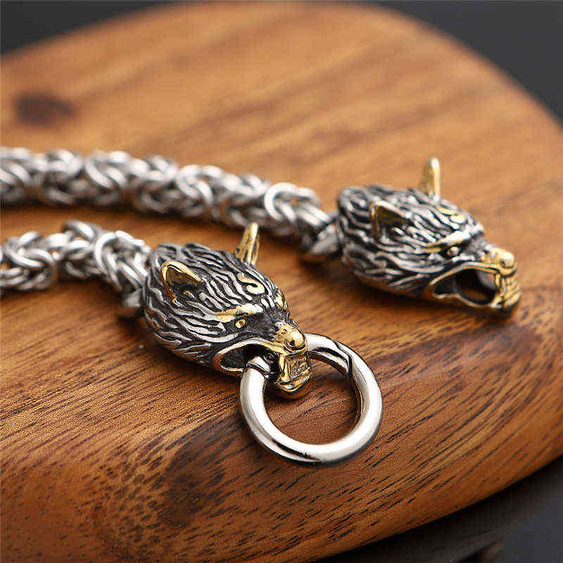 Never Fade Nordic Punk Viking Wolf Charm Bracelet Men Stainless Steel Chain Wristband Gold Head Bangles Accessories Jewelry 211124