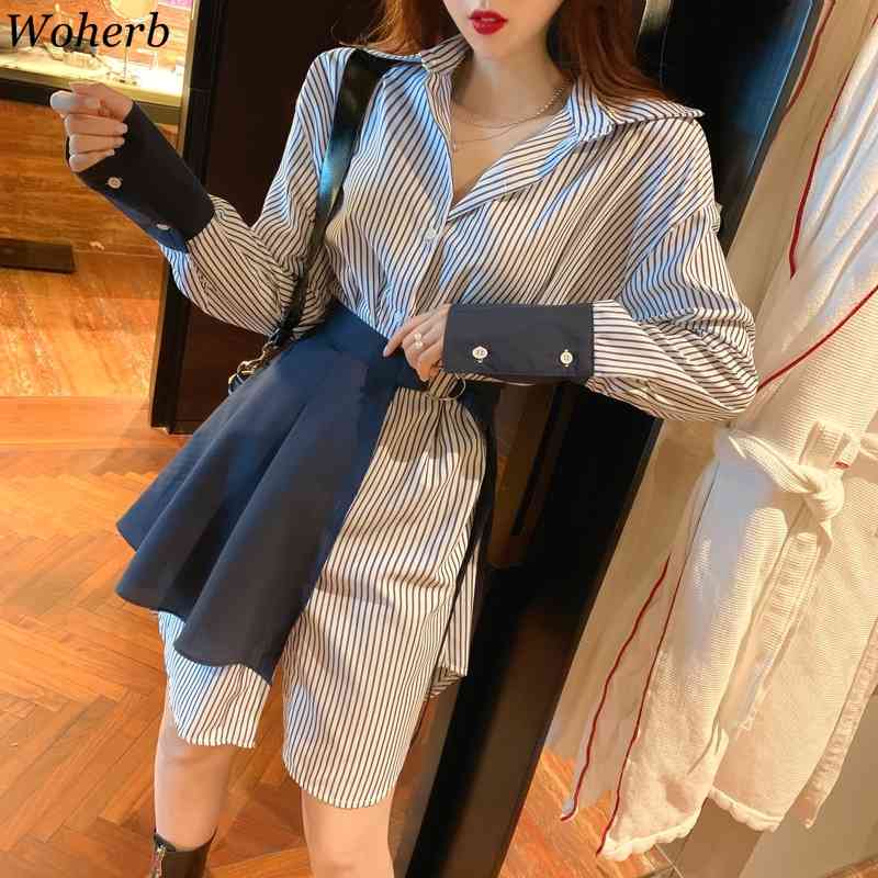 Office Ladies Striped Shirt Dress Women Two Pieces Set Long Blouse+Bandage Shirts Korean Casual Elegant Vestidos 210519