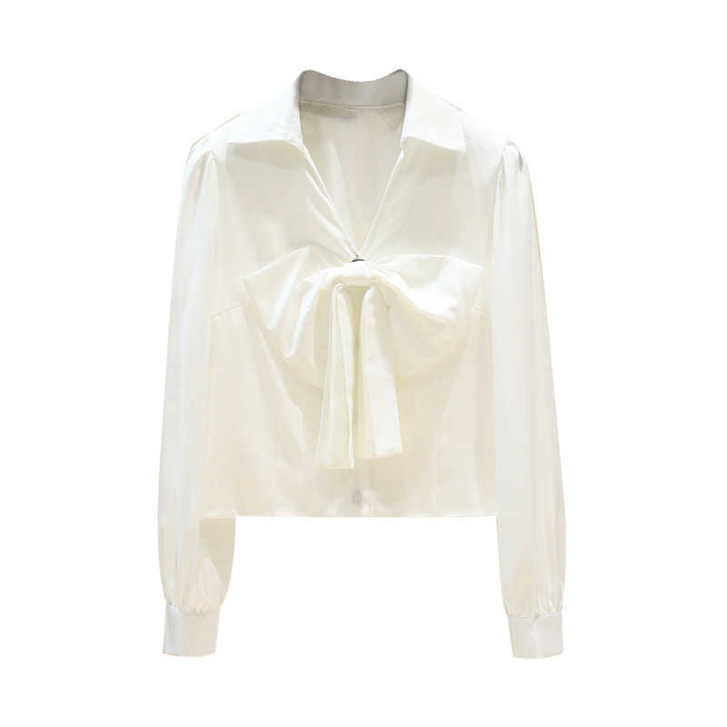 White Bow Full Turn Down Collar Shirt Women's Spring Loose Short Top 210615