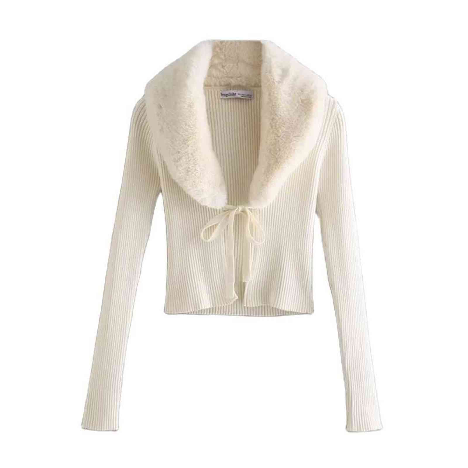 BBWM Women Sweet Fur Collar Splicing Knitting Sweater Female Lace Long Sleeve Cardigan Chic Top 211117