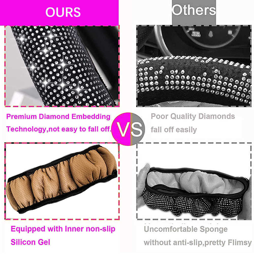 New 15 Inch Color Shiny Rhinestones Wheel Dia PU Leather Car Steering Cover Universal Auto Accessories