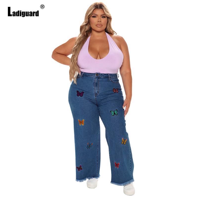 Women's Jeans Ladiguard Plus Size Butterflies Print Denim Pants Wide Leg Trouser High Cut Vintage Jean Vaqueros Mujer 2021, Blue 
Women's Jeans Ladiguard Plus Size Butterflies Print Denim Pants Wide Leg Trouser High Cut Vintage Jean Vaqueros Mujer 2021, Blue